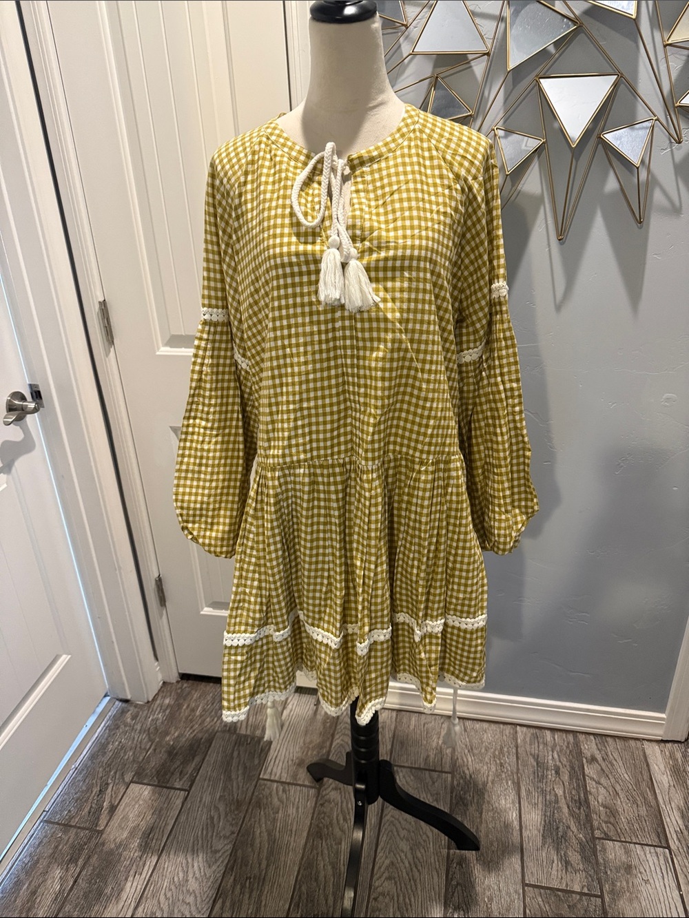 Avec Les Filles Yellow Gingham Tassel Tie Tiered Dress
